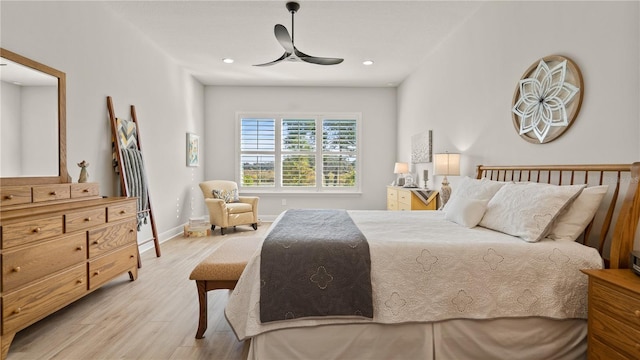 bedroom featuring baseboards, recessed lighting, ceiling fan, and light wood-style floors