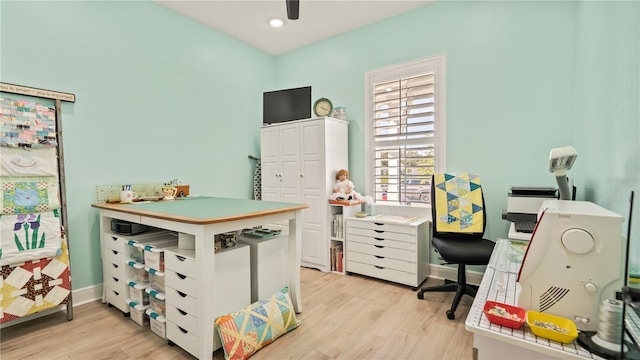office with recessed lighting, light wood-style flooring, and baseboards
