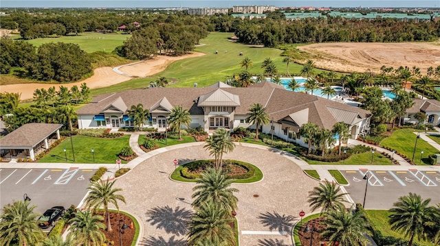 drone / aerial view with view of golf course