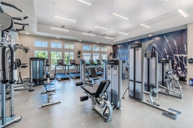 exercise room featuring visible vents and plenty of natural light