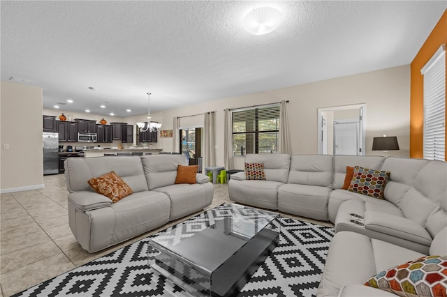 living room with light tile patterned floors and a textured ceiling