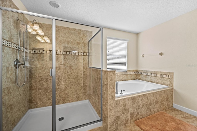 bathroom with tile patterned flooring, a textured ceiling, and independent shower and bath