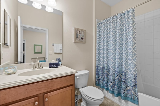 full bathroom featuring shower / bath combination with curtain, toilet, and vanity