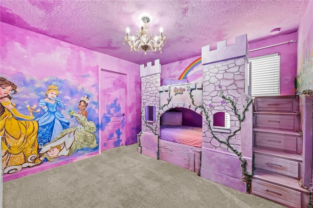 1473 Moon Valley Dr, Davenport, FL 33896 - bedroom with a textured ceiling, carpet, and a chandelier