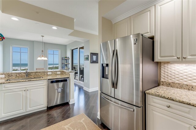 kitchen featuring dark hardwood / wood-style flooring, a notable chandelier, sink, appliances with stainless steel finishes, and decorative light fixtures