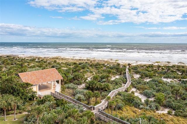 drone / aerial view with a view of the beach and a water view