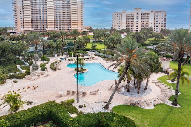 view of swimming pool featuring a patio