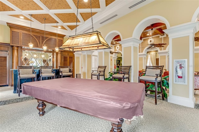 recreation room with coffered ceiling, carpet flooring, pool table, and decorative columns