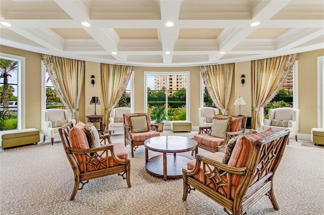 sunroom / solarium with coffered ceiling and beam ceiling