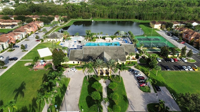 drone / aerial view with a water view