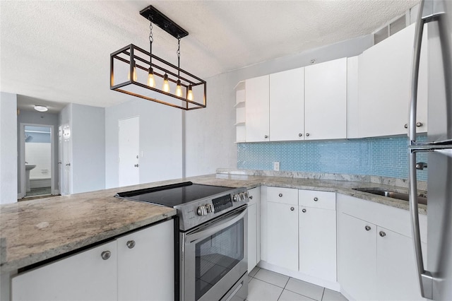 kitchen featuring stainless steel electric range oven, decorative backsplash, open shelves, white cabinets, and a textured ceiling