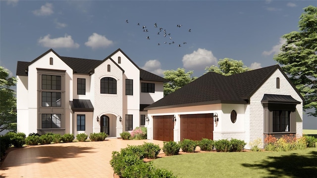 exterior space featuring a garage, brick siding, and decorative driveway