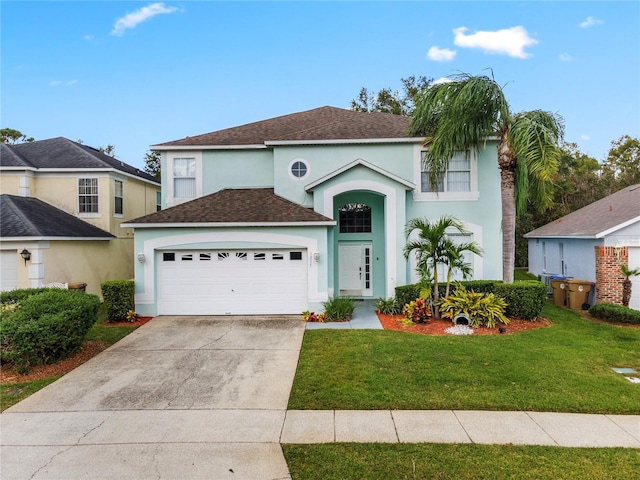 1055 Lake Berkley Dr, Kissimmee, FL 34746 - view of front of house with stucco siding, a garage, roof with shingles, and a front lawn