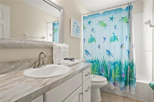 full bathroom with vanity, tile patterned flooring, shower / bathtub combination with curtain, and toilet