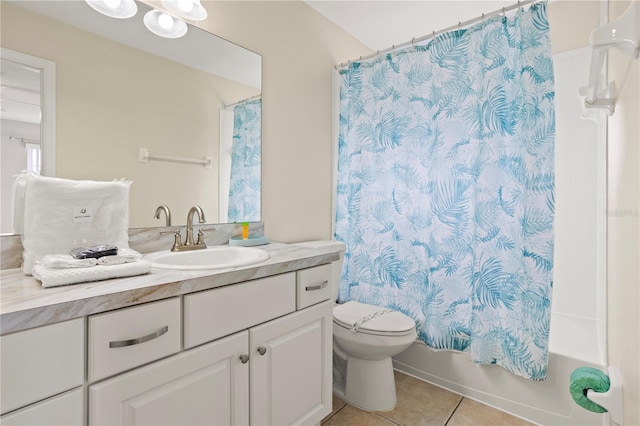 full bathroom with tile patterned flooring, vanity, toilet, and shower / bathtub combination with curtain