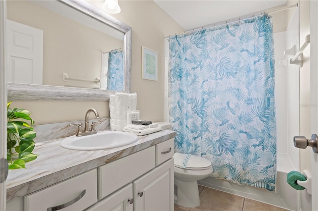 full bathroom with tile patterned floors, vanity, toilet, and shower / tub combo with curtain