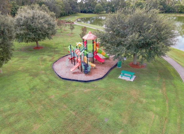 view of jungle gym featuring a water view