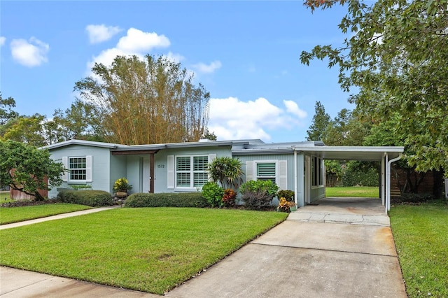 single story home with a front yard and a carport