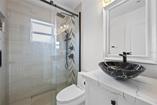 bathroom with vanity, toilet, and an enclosed shower