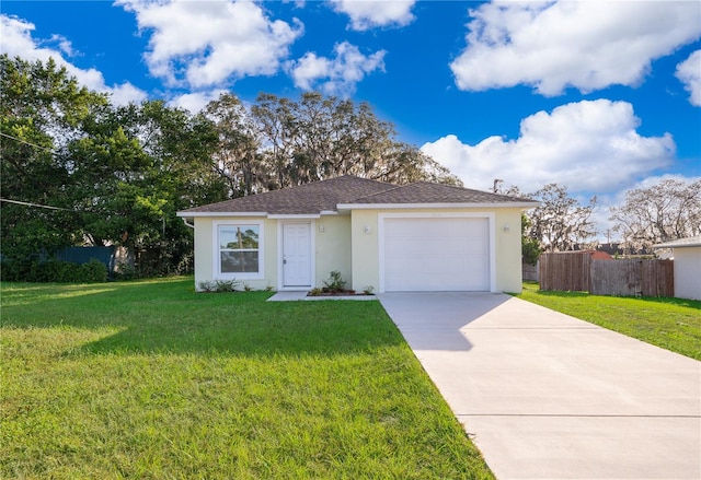 ranch-style home featuring a front lawn and a garage