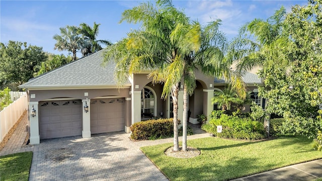 view of front of property featuring a garage and a front lawn