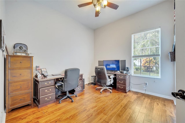 office space with light hardwood / wood-style floors and ceiling fan