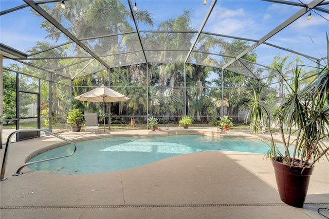 view of swimming pool with glass enclosure and a patio