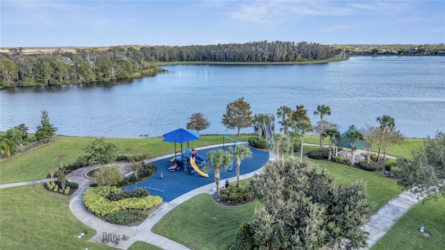 birds eye view of property featuring a water view