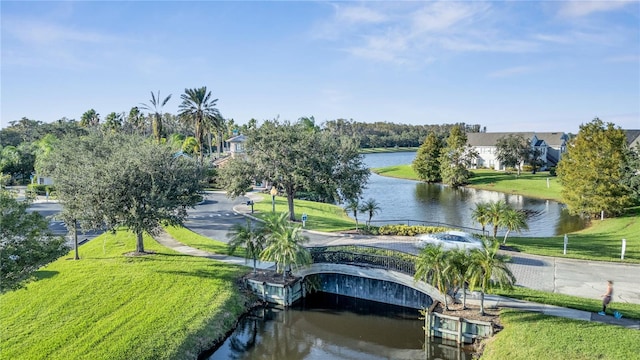 view of community with a water view and a lawn