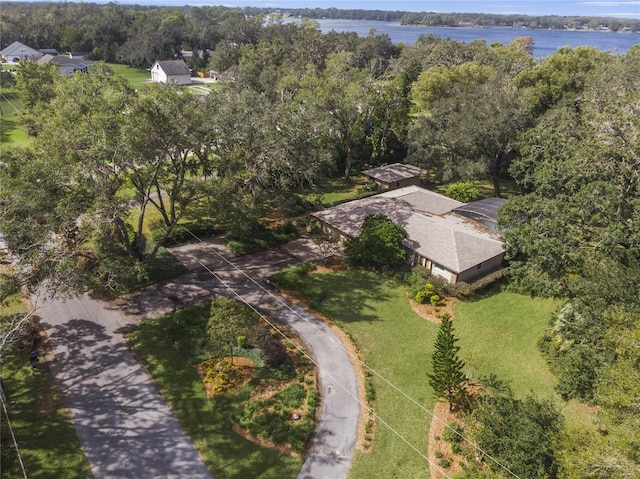 bird's eye view with a water view