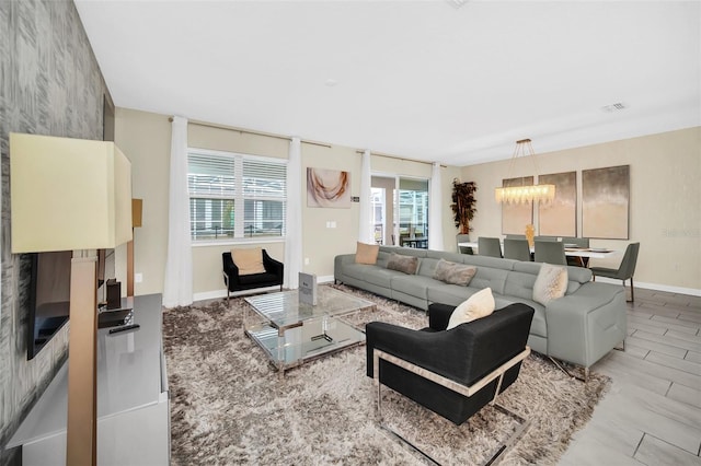 living room with a chandelier