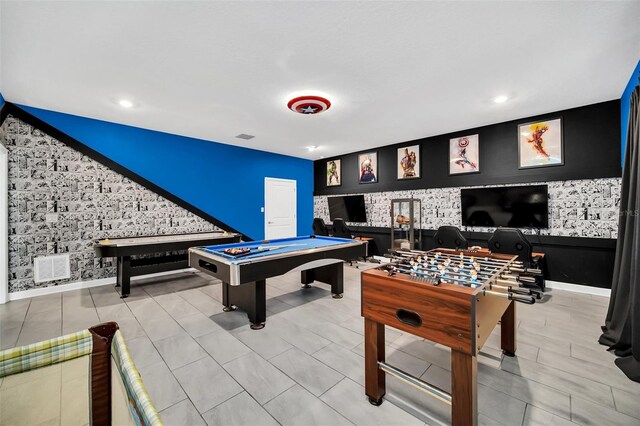 730 Drop Shot Dr, Davenport, FL 33896 - game room with an accent wall, billiards table, wallpapered walls, baseboards, and recessed lighting