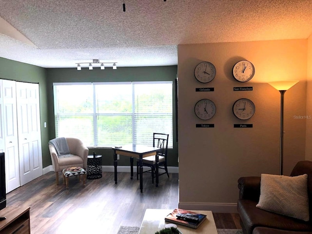 living room with a textured ceiling and dark hardwood / wood-style flooring