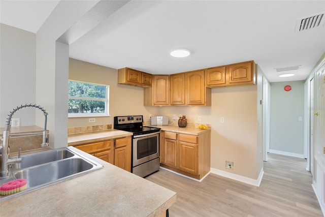 kitchen with sink, stainless steel range with electric stovetop, and light hardwood / wood-style floors