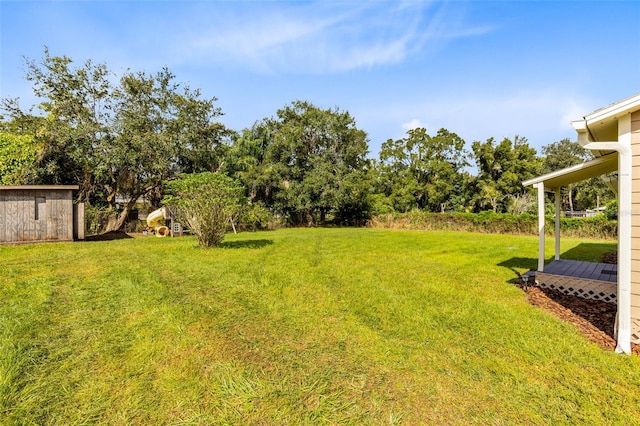 view of yard with a storage shed