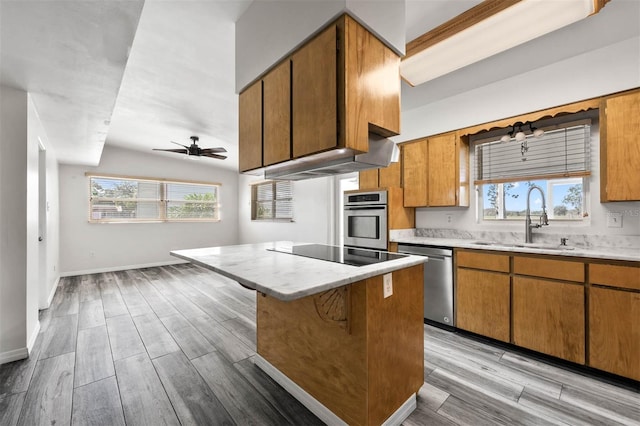 kitchen featuring a wealth of natural light, sink, appliances with stainless steel finishes, and light wood-type flooring