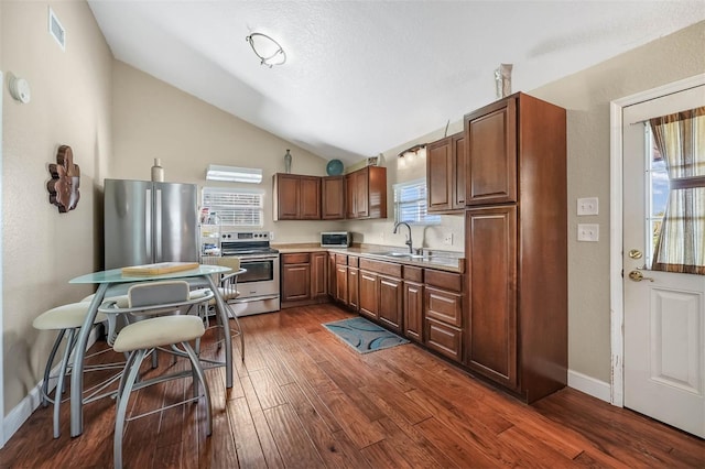 kitchen featuring sink, appliances with stainless steel finishes, dark wood-type flooring, and vaulted ceiling