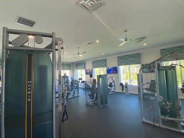 exercise room featuring ceiling fan