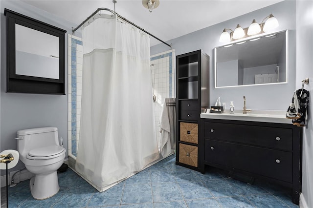 full bathroom with vanity, toilet, tile patterned floors, and shower / bathtub combination with curtain