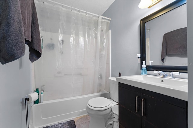 full bathroom featuring vanity, shower / bath combo, toilet, and tile patterned floors