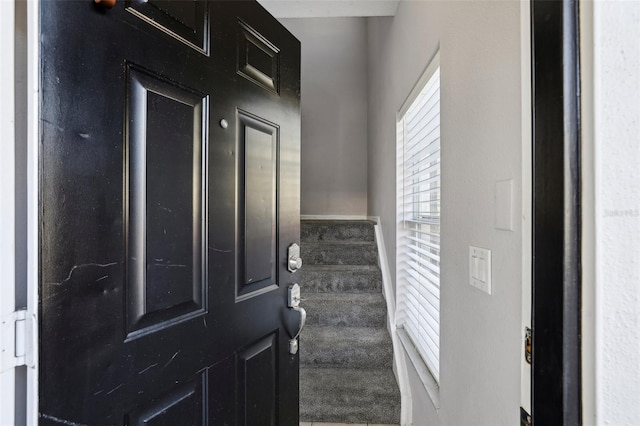 view of carpeted foyer entrance