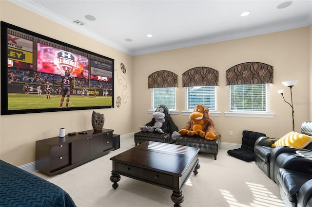 carpeted home theater room with crown molding