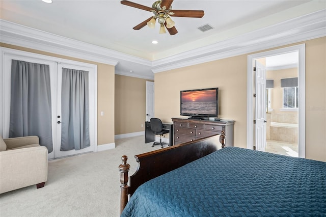 carpeted bedroom featuring ornamental molding, ceiling fan, and connected bathroom