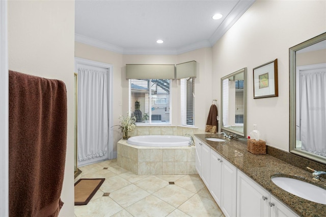 bathroom with tiled bath, ornamental molding, tile patterned floors, and vanity