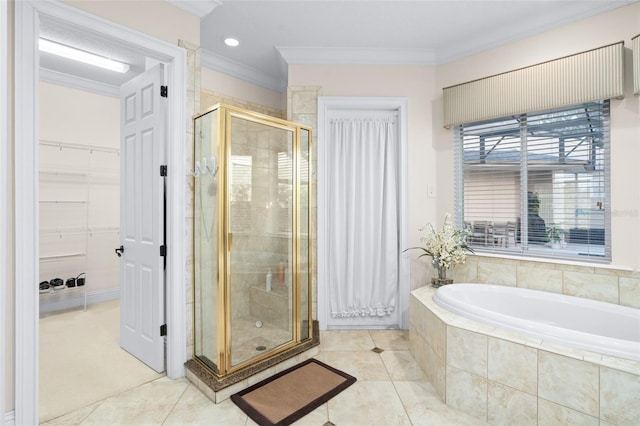 bathroom featuring tile patterned floors, plus walk in shower, and crown molding