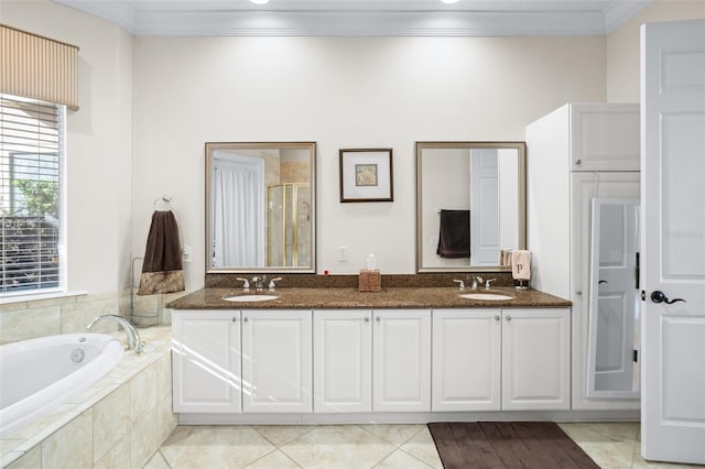 bathroom with vanity, tile patterned floors, separate shower and tub, and crown molding