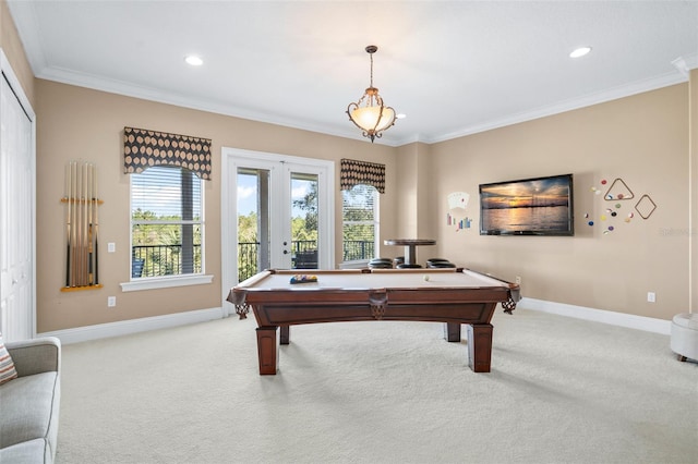 rec room with billiards, light carpet, and crown molding