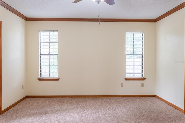 empty room with carpet floors, ornamental molding, and plenty of natural light