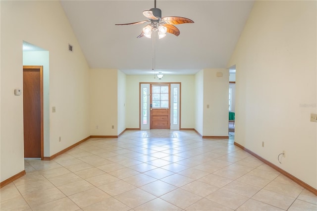 tiled entryway featuring high vaulted ceiling and ceiling fan