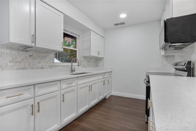 1213 Baranova Rd, Ocoee, FL 34761 - kitchen with stainless steel range with electric stovetop, a sink, black microwave, backsplash, and white cabinets